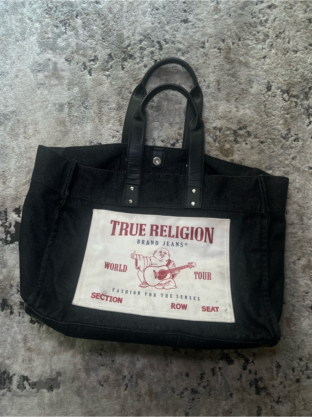 True Religion Black Canvas Tote with Maroon Logo Patch